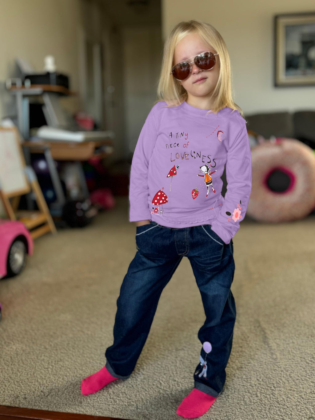 LUKYCILD Toddler Girl Clothes Baby Girl Long Sleeve Top + Jeans Pants with Pockets 2 Piece Outfit Cartoon Clothing Set