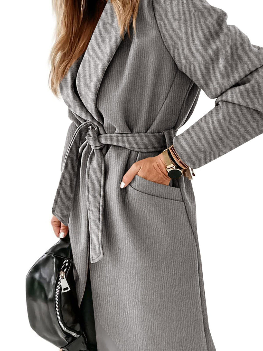 Womens Classic Coat Lapel Collar Open Front Belted Long Jacket