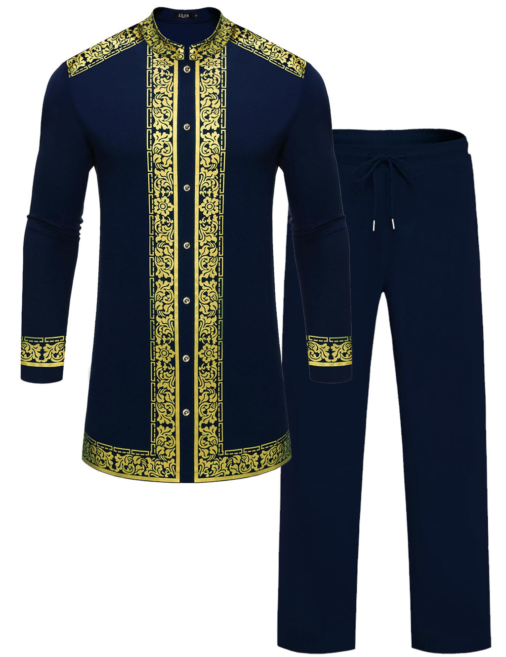 Mens African 2 Piece Set Nigerian Dashiki Metallic Traditional Suit Gold Stamp Printed Shirt and Pants Outfit