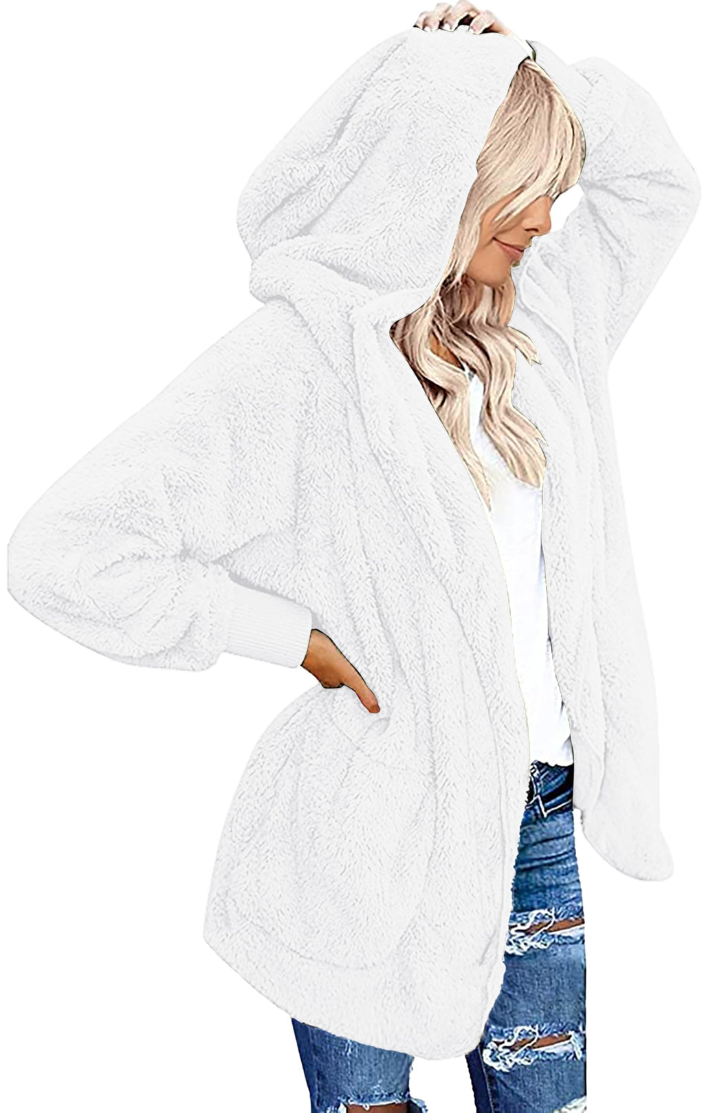 CHICGAL Womens Fuzzy Jacket Hooded Cardigan Open Front Sherpa Coat Outwear with Pockets