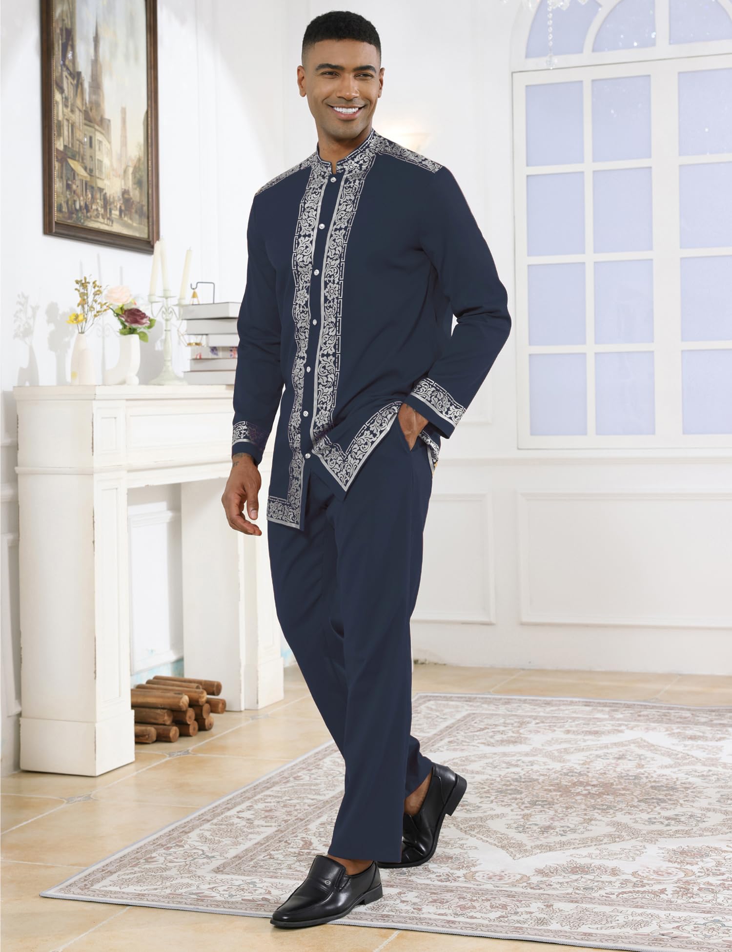 Mens African 2 Piece Set Nigerian Dashiki Metallic Traditional Suit Gold Stamp Printed Shirt and Pants Outfit