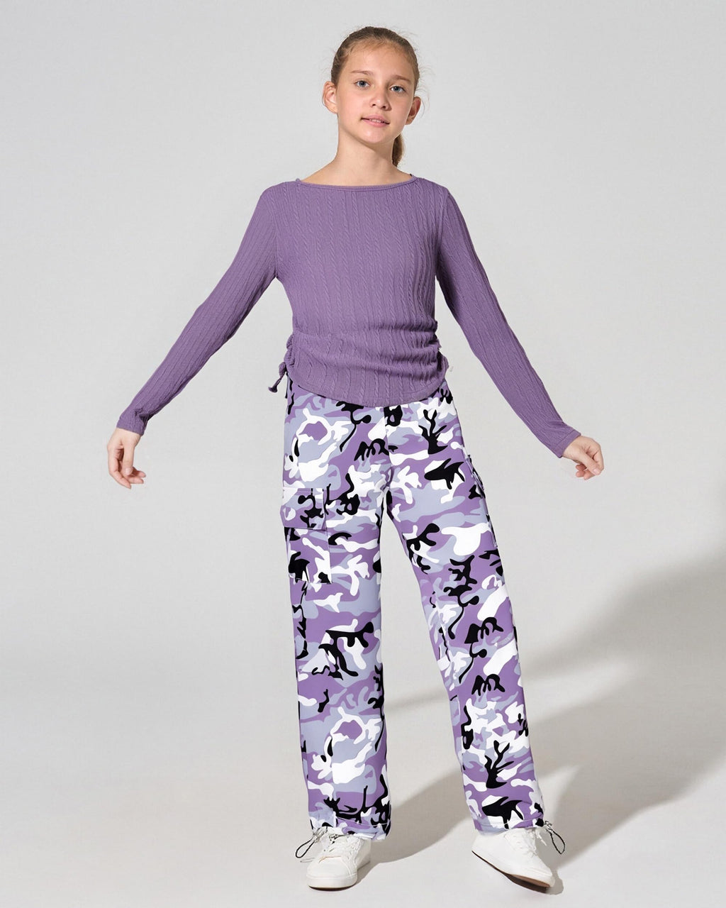 Girls Clothes Tween Girl Clothing Long Sleeve Ruched Drawstring Ribbed Knit Top Camo Cargo Pants Fall Winter Outfits