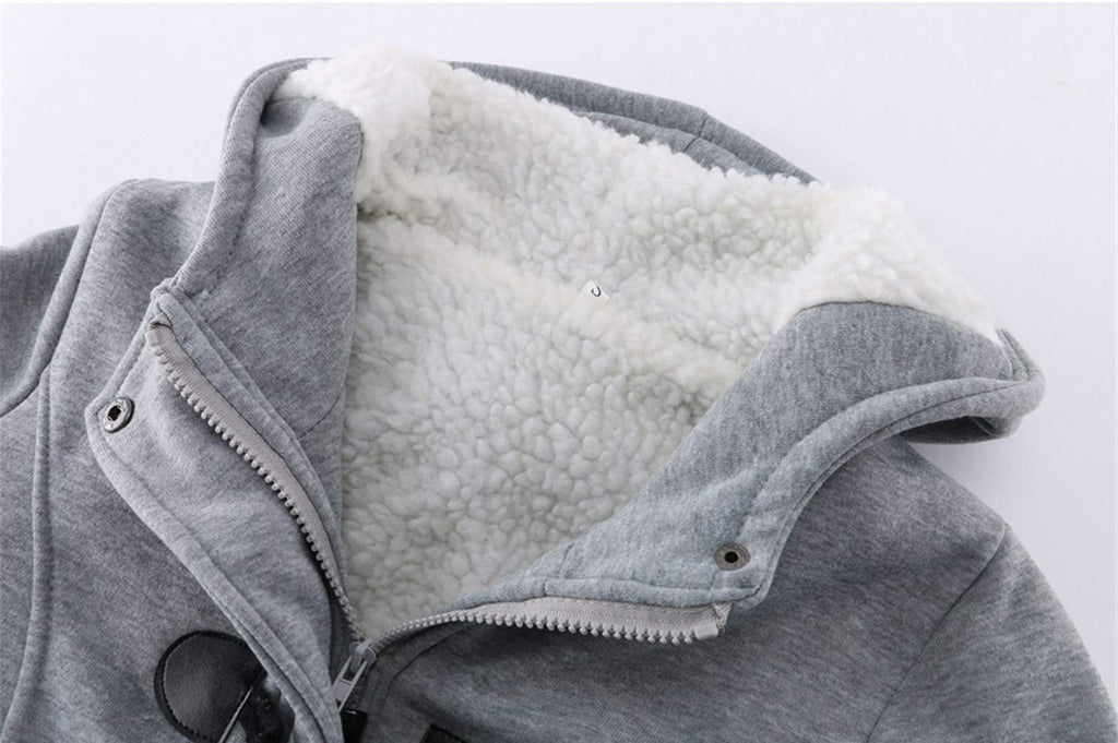 JiangWu Womens Fashion Horn Button Fleece Thicken Coat with Hood Winter Warm Jacket