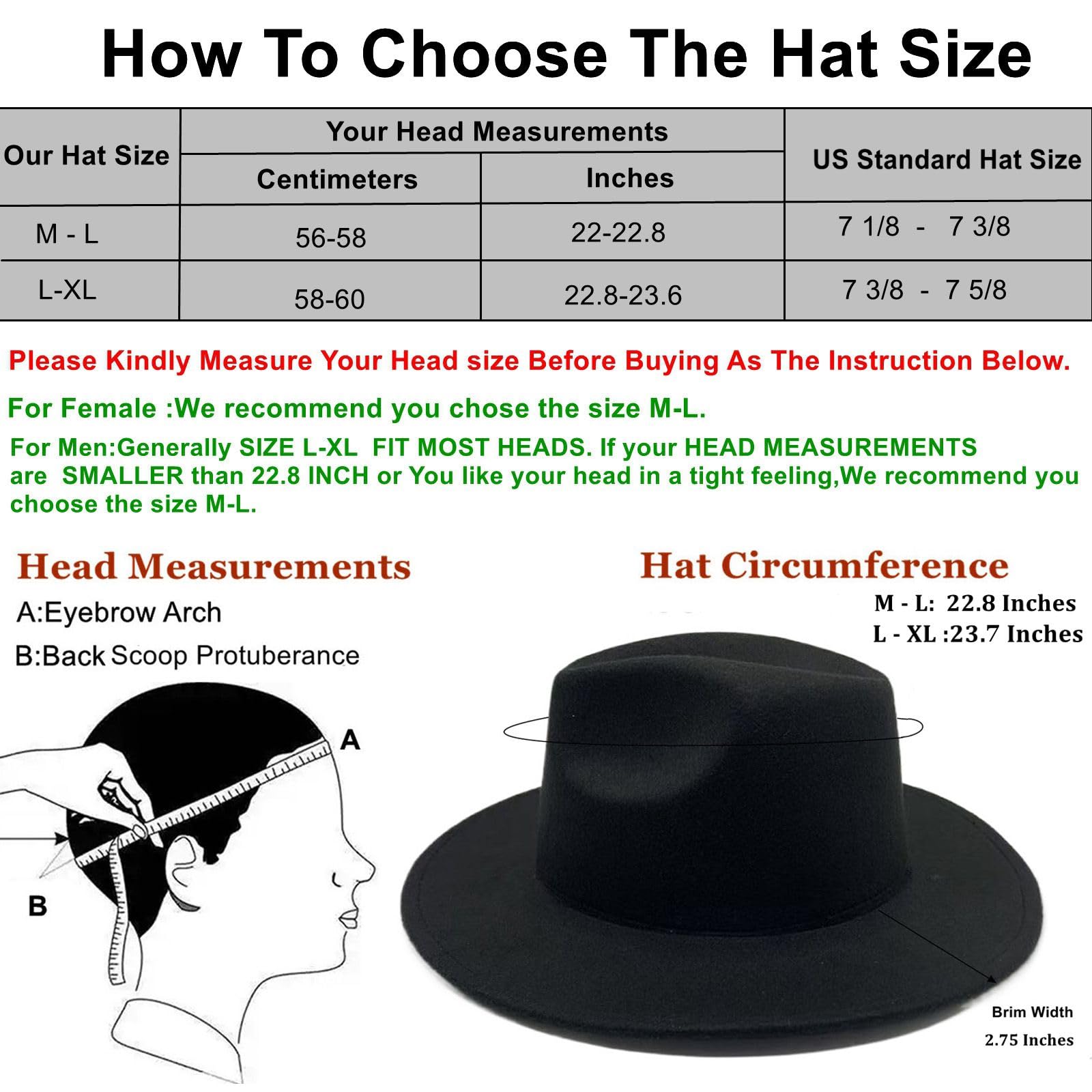 2 Pack Classic Fedora Hat for Men & Women Wide Brim Felt Panama Floppy Hat Black