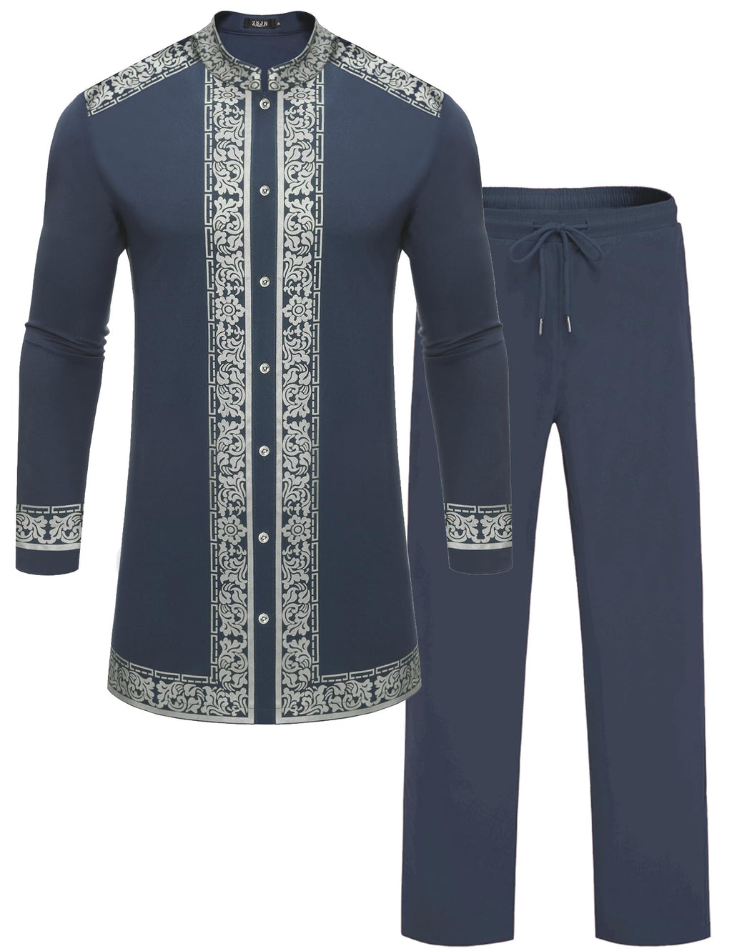 Mens African 2 Piece Set Nigerian Dashiki Metallic Traditional Suit Gold Stamp Printed Shirt and Pants Outfit