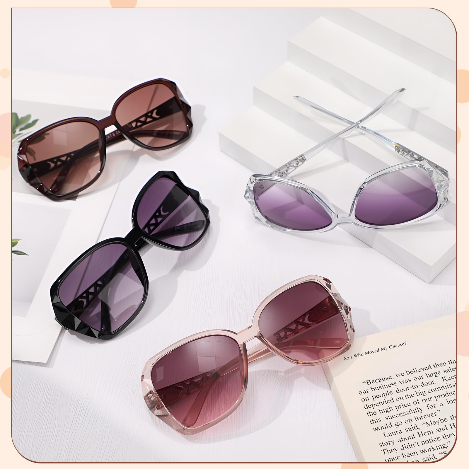 DragonflyDreams 4 Pcs Women Large Sunglasses, UV 400 Glasses Oversized Classic Trend Ladies Sunglasses Sparkling Large Frame