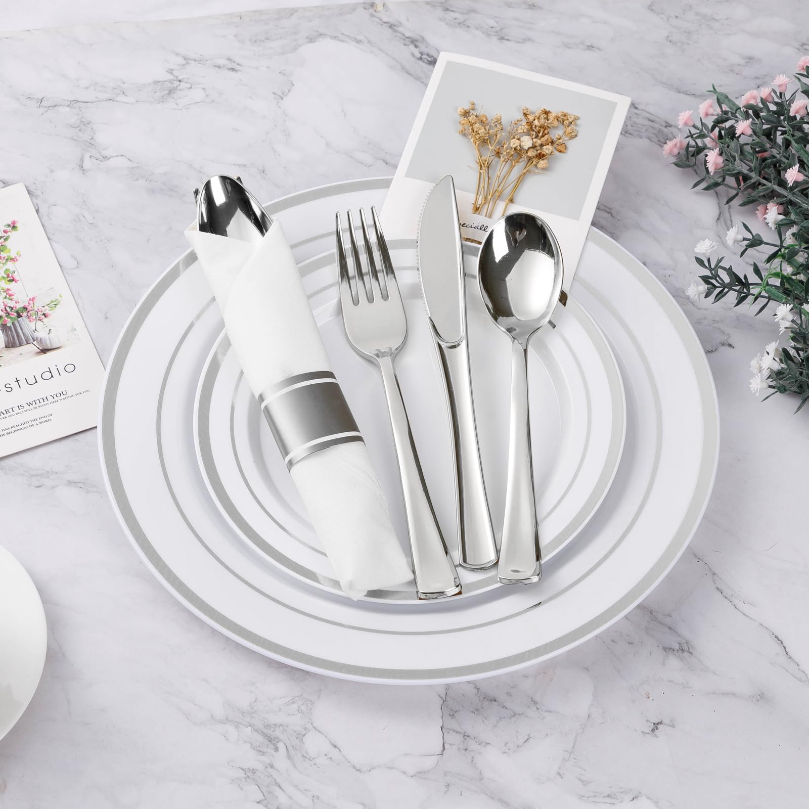 350PCS Gold Plastic Dinnerware Set, Disposable Party Plates for 50 Guests, Include: 100 Plastic Plates, 50 Pre Rolled Napkins with Gold Silverware, 50 Cups