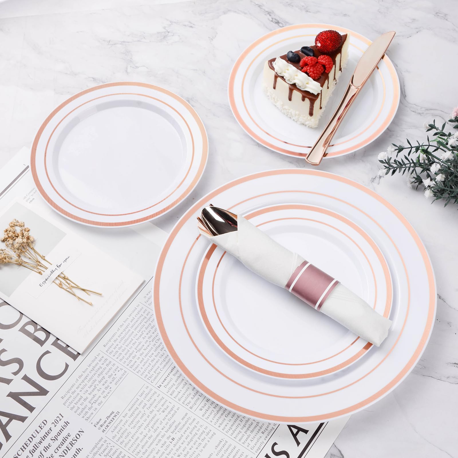 350PCS Gold Plastic Dinnerware Set, Disposable Party Plates for 50 Guests, Include: 100 Plastic Plates, 50 Pre Rolled Napkins with Gold Silverware, 50 Cups