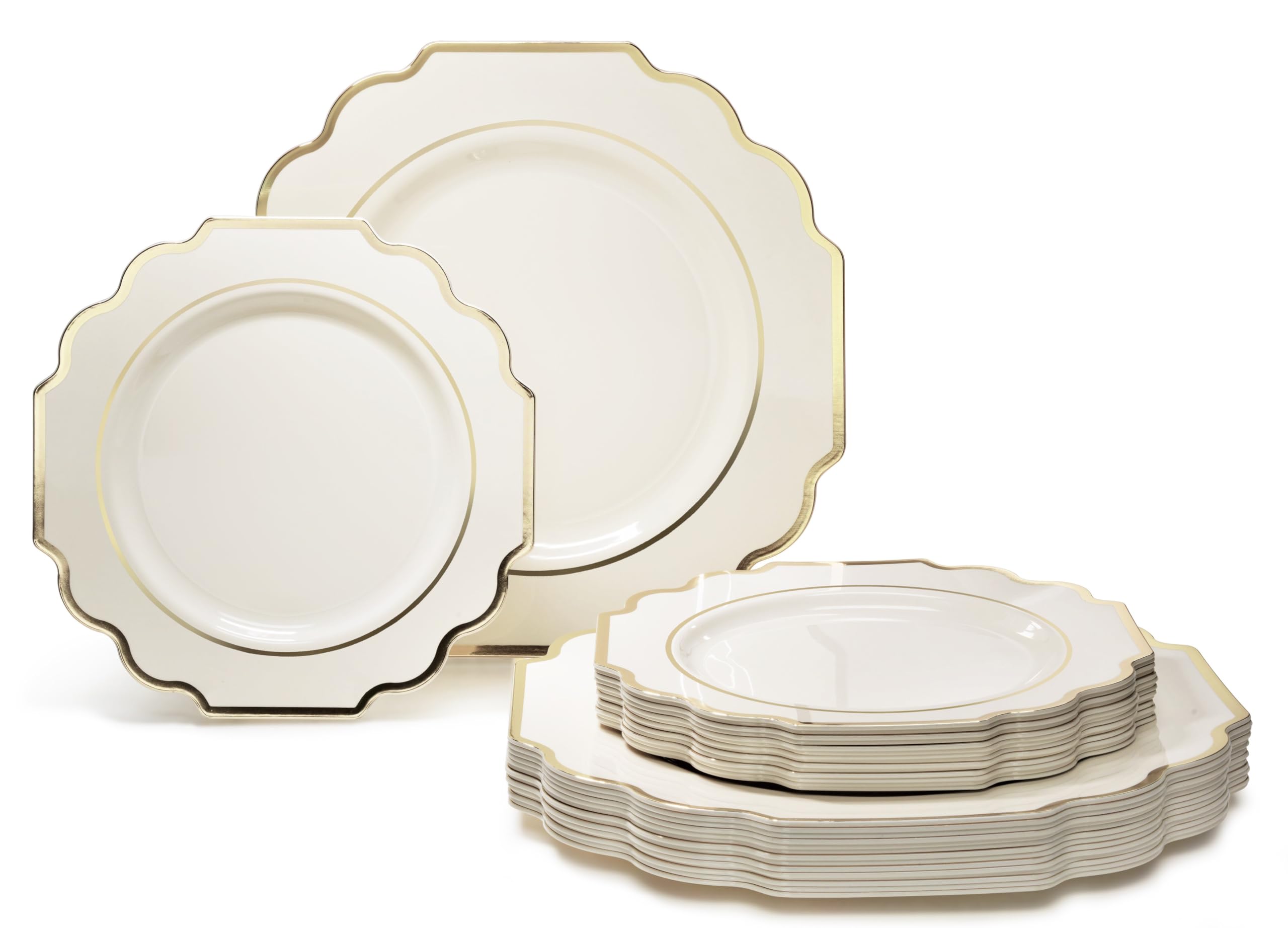 " OCCASIONS " 50 Plates Pack (25 Guests)-Heavyweight Wedding Party Disposable Plastic Plate Set -(25x10.5'' Dinner + 25x8'' Salad/Dessert) (Imperial White & Gold)
