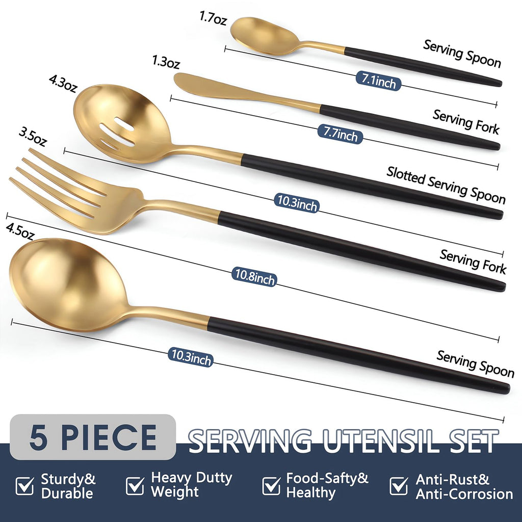 Gold Stainless Steel Serving Utensils Set, 5 Pcs - 10.8 Inch Serving Fork, 10.3 Inch Slotted Spoon, Sugar Spoon, Butter Knife for Buffet