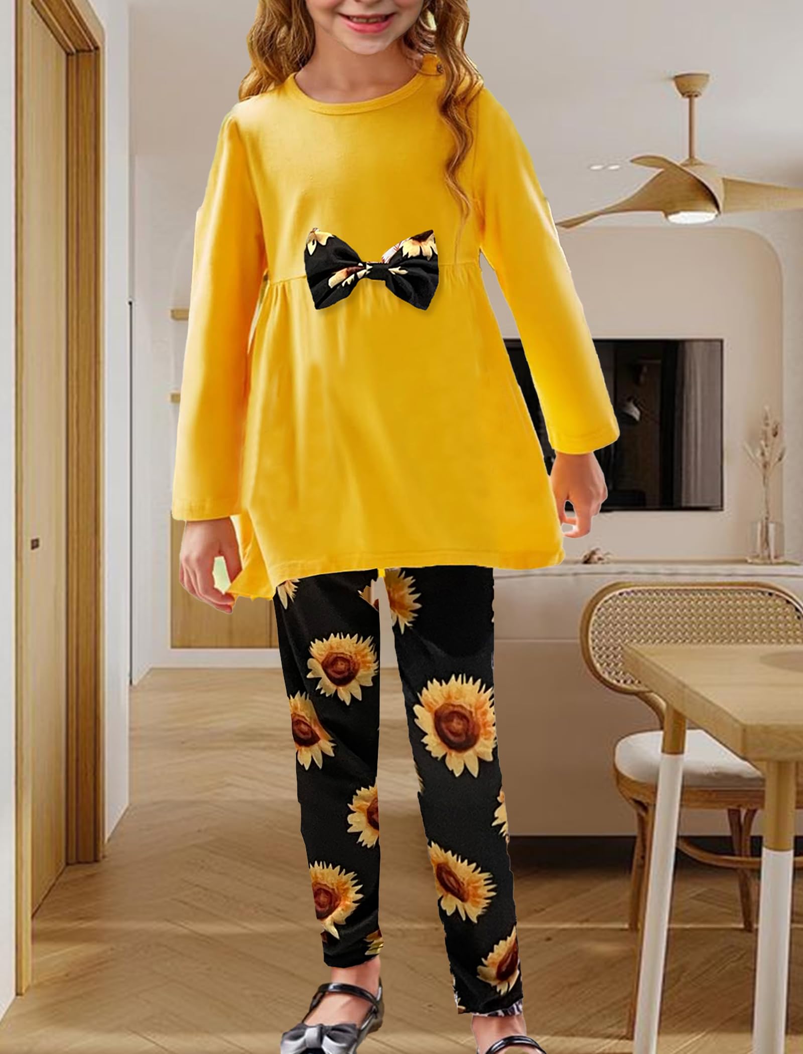 Yekaty Girls Clothing Set 2 Pcs Floral Soft Crewneck Long Sleeve Top+Leggings Loose Outfits With Bowknot