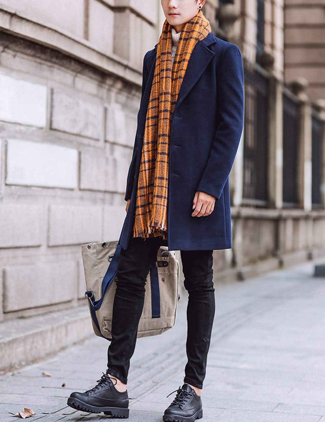 Springrain Men's Wool Blend Pea Coat Notched Collar Single Breasted Overcoat Warm Winter Trench Coat