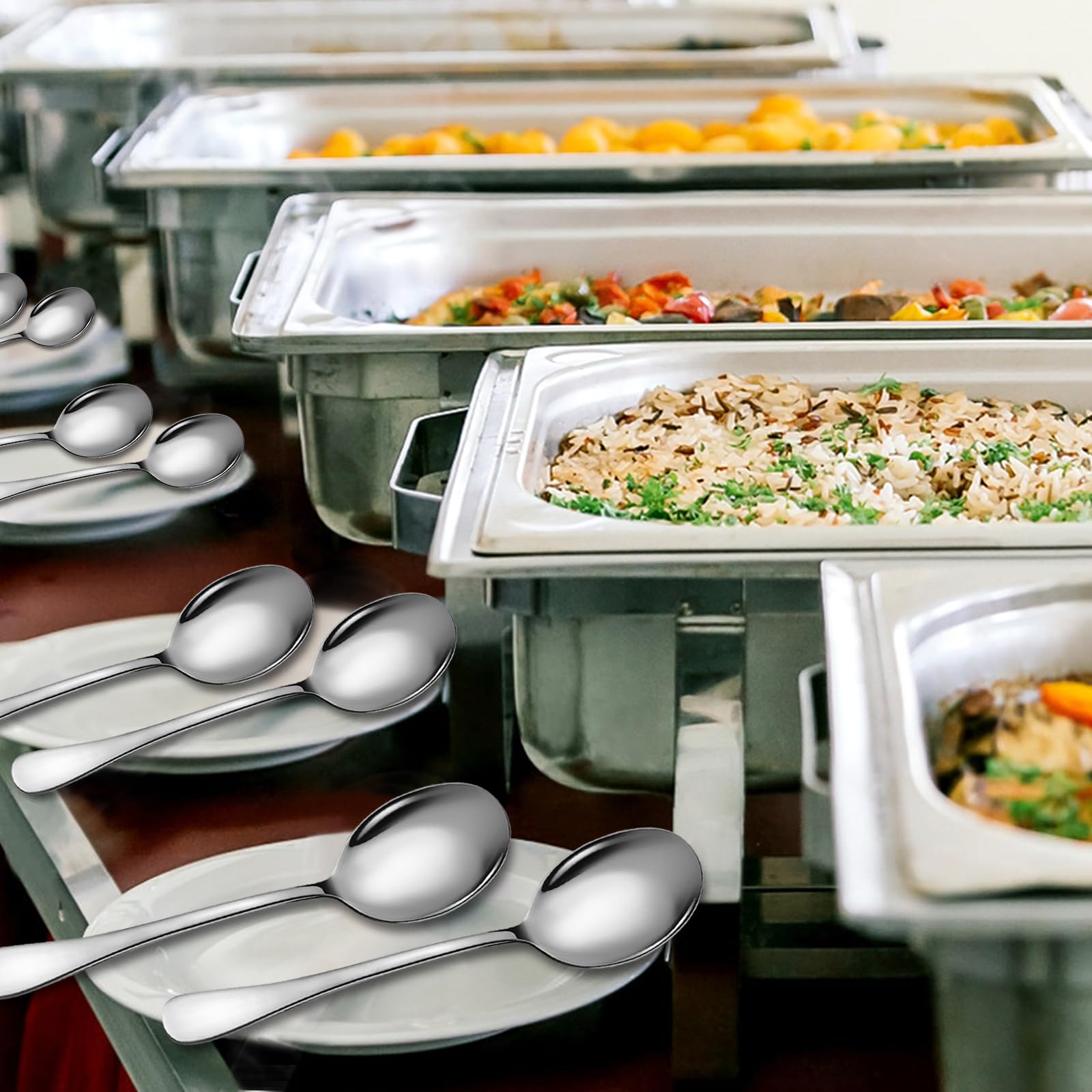 6 Piece Stainless Steel Serving Spoons Set, 10-Inch, Includes 2 Spoon/Slotted/Forks for Parties/Kitchen/Buffet/Catering, Dishwasher Safee