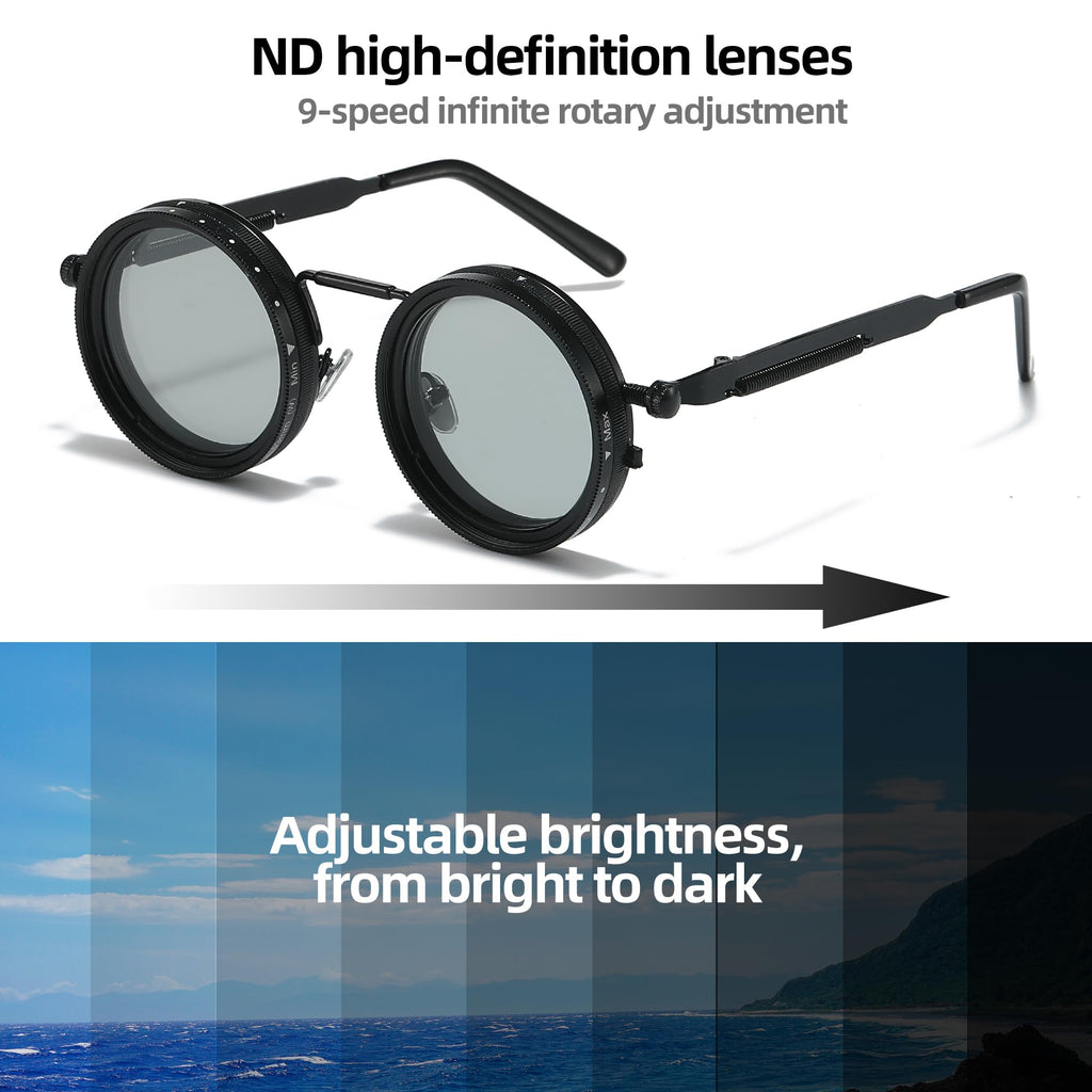 Adjustable Tint Sunglasses, 1-9 Gears Steampunk Retro Metal Round Polarized Glasses with ND Filter Lenses