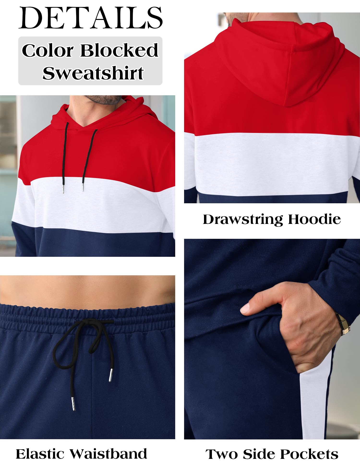 Babioboa Men's Tracksuit 2 Piece Color Block Hoodie Set Pullover Sweatshirt and Jogging Sweatpants Athletic Sweatsuits Set