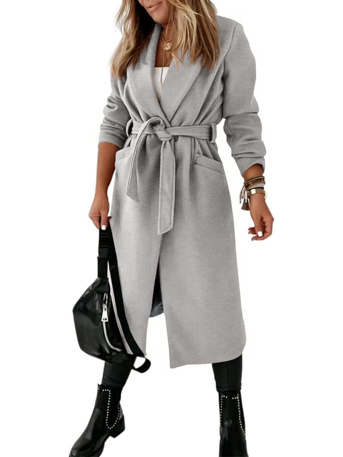 Womens Classic Coat Lapel Collar Open Front Belted Long Jacket