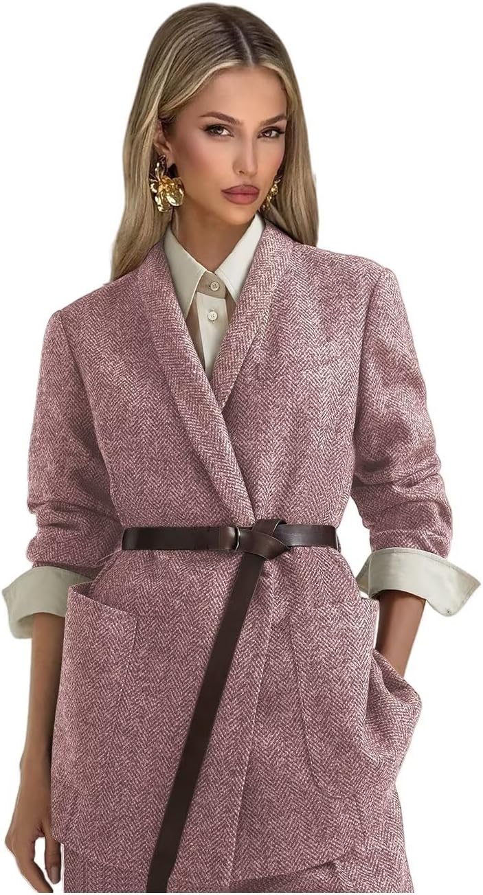 Tweed Suits for Women Dressy 2 Piece Herringbone Blazer and Pants with Belt Shawl Lapel Business Casual Outfits