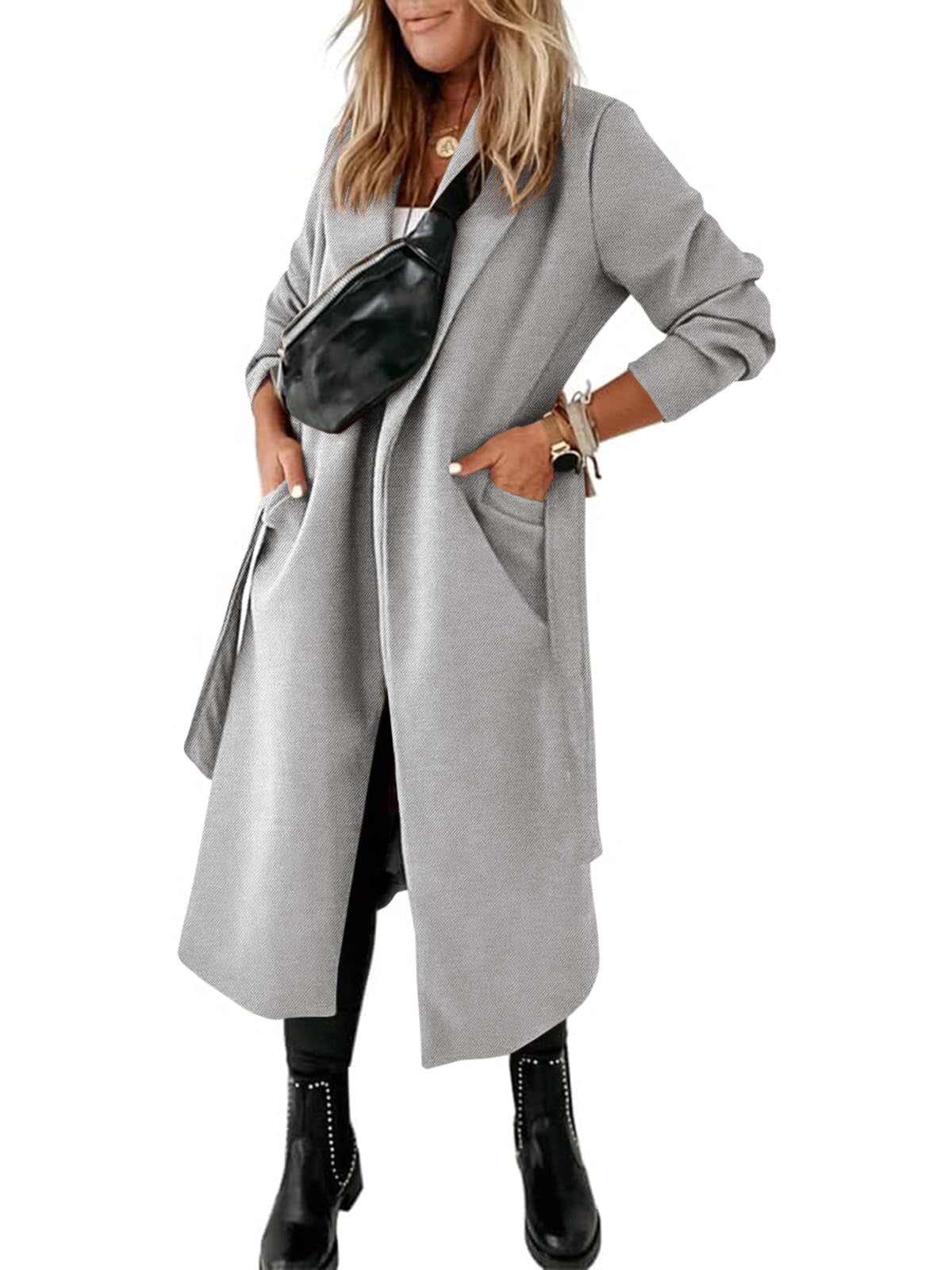 Womens Classic Coat Lapel Collar Open Front Belted Long Jacket