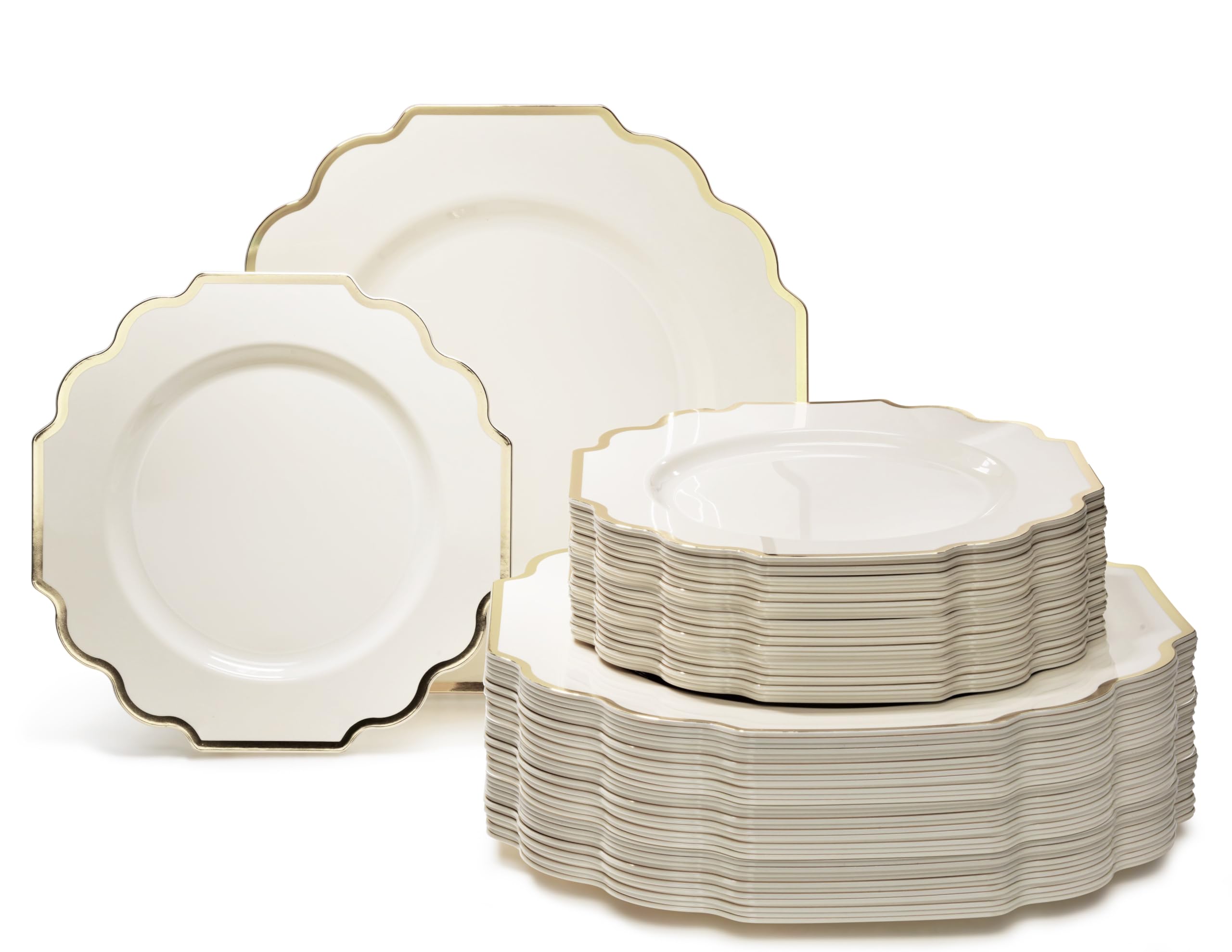 " OCCASIONS " 50 Plates Pack (25 Guests)-Heavyweight Wedding Party Disposable Plastic Plate Set -(25x10.5'' Dinner + 25x8'' Salad/Dessert) (Imperial White & Gold)