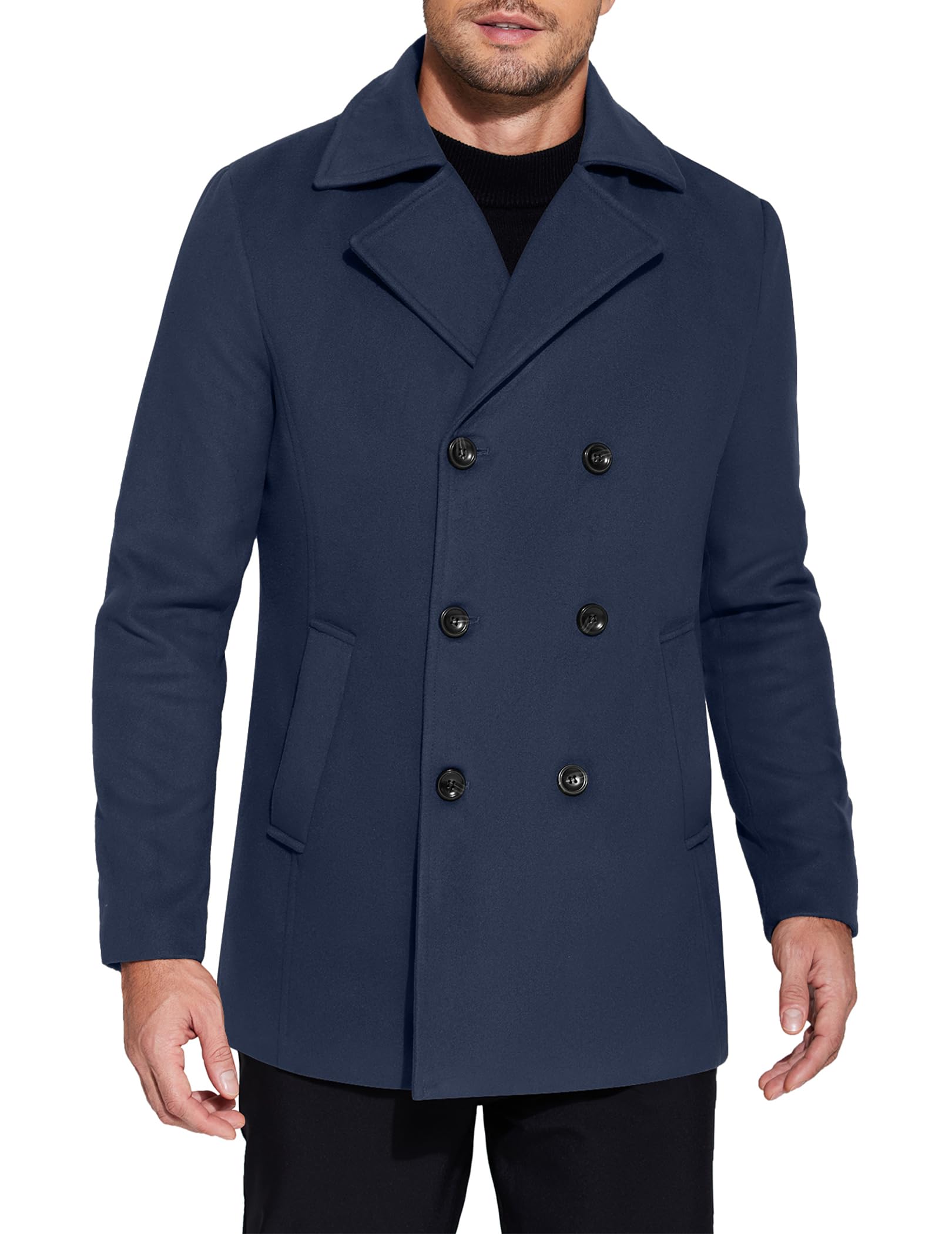 COOFANDY Men's Double Breasted Pea Coat Winter Overcoat Short Trench Coat Notched Collar