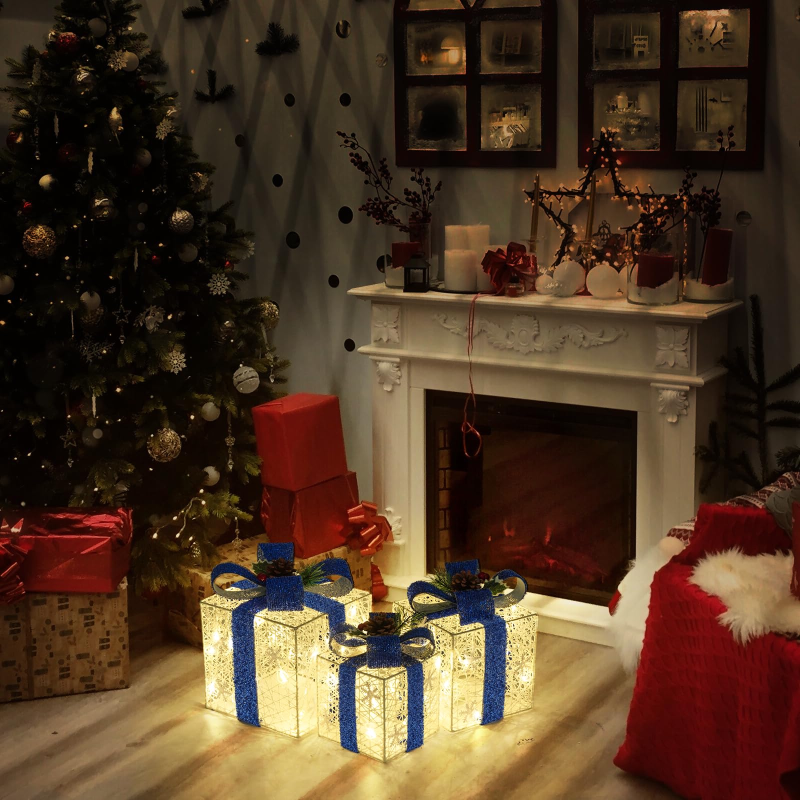 Christmas Decorations, Set of 3 Christmas Lighted Gift Boxes, Battery Operated Xmas Present Boxes, Warm White LED with Bows for Indoor Christmas Tree, Yard, Home Decor