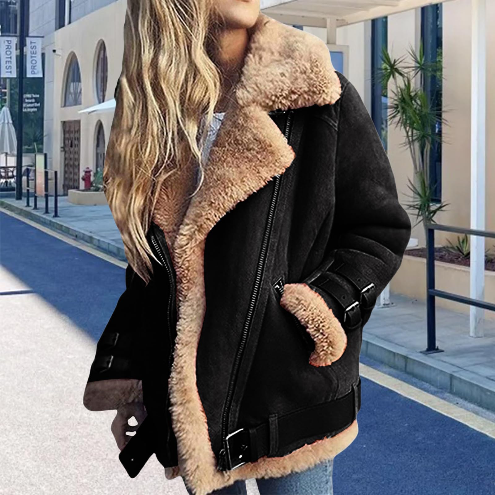 Women Sherpa Lined Coat Lapel Zip Up Winter Thicked Outwear Oversized Leather Faux Suede Fleece Shearling Jacket