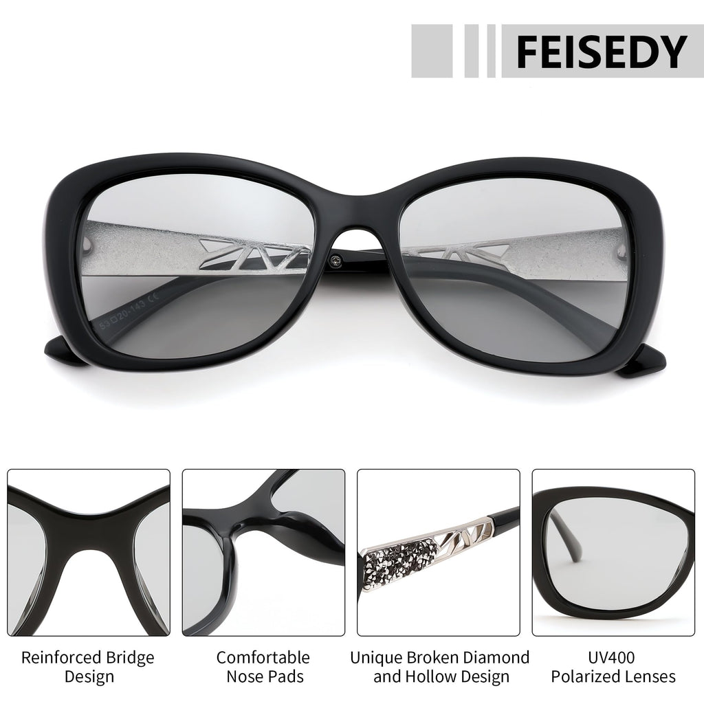 FEISEDY Polarized Women Sunglasses Retro Shades Photochromic Lens Sparkling Crystal Sunglasses UV400 Protection B0144