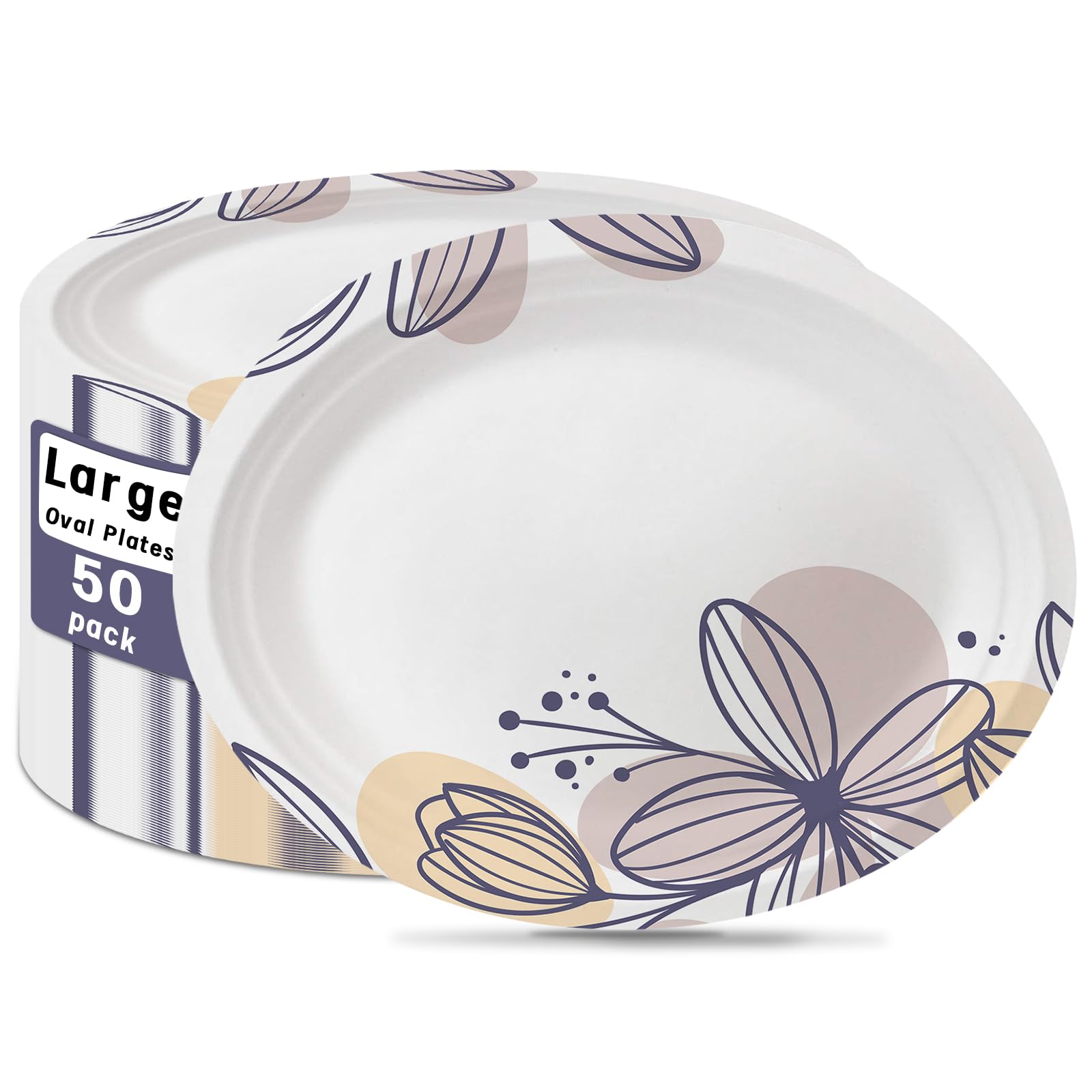 50 Pack Oval Thanksgiving Plates 12 x 10 Inch Thanksgiving Paper Plates Heavy Duty - Large Disposable Dinner Platters,Turkey Pumpkin Autumn Fall Harvest Thanksgiving Party Decor