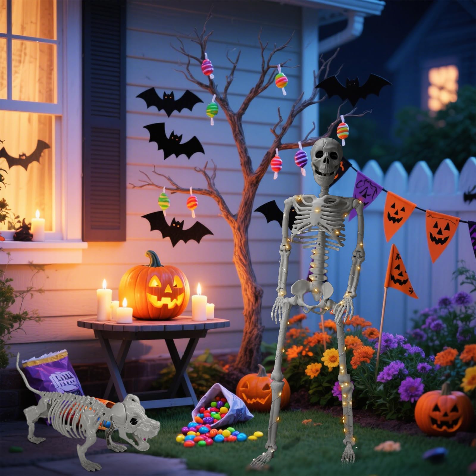 Lighted Human & Dog Skeleton Halloween Decorations Outdoor/Indoor - 36 Inch Realistic Full Body Movable Posable Skeleton Spooky Halloween Decor for Garden Yard Porch Indoor Party Haunted Graveyard