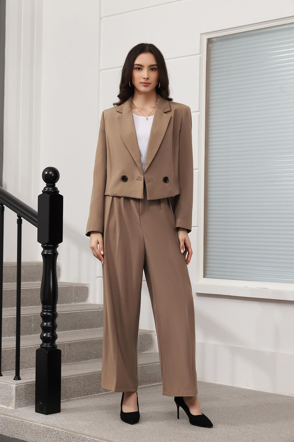 Lamgool Women's Suit 2 Piece Casual Outfits Cropped Blazer High Waisted Wide Leg Pants for Work
