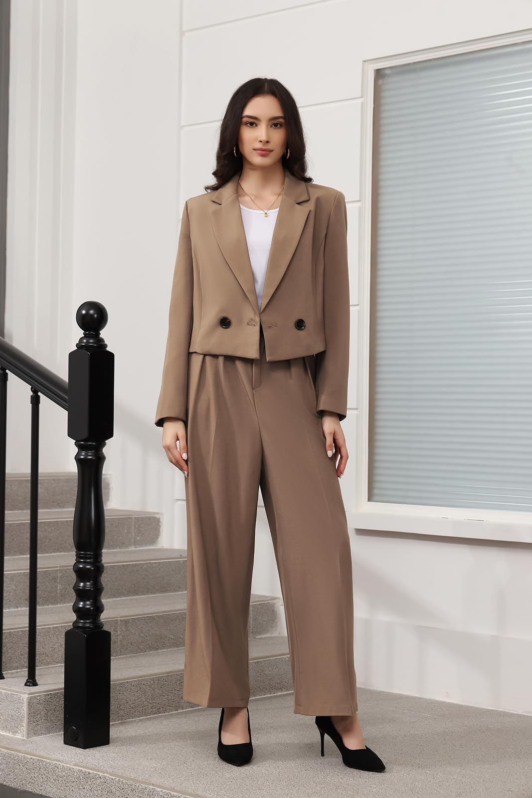 Lamgool Women's Suit 2 Piece Casual Outfits Cropped Blazer High Waisted Wide Leg Pants for Work