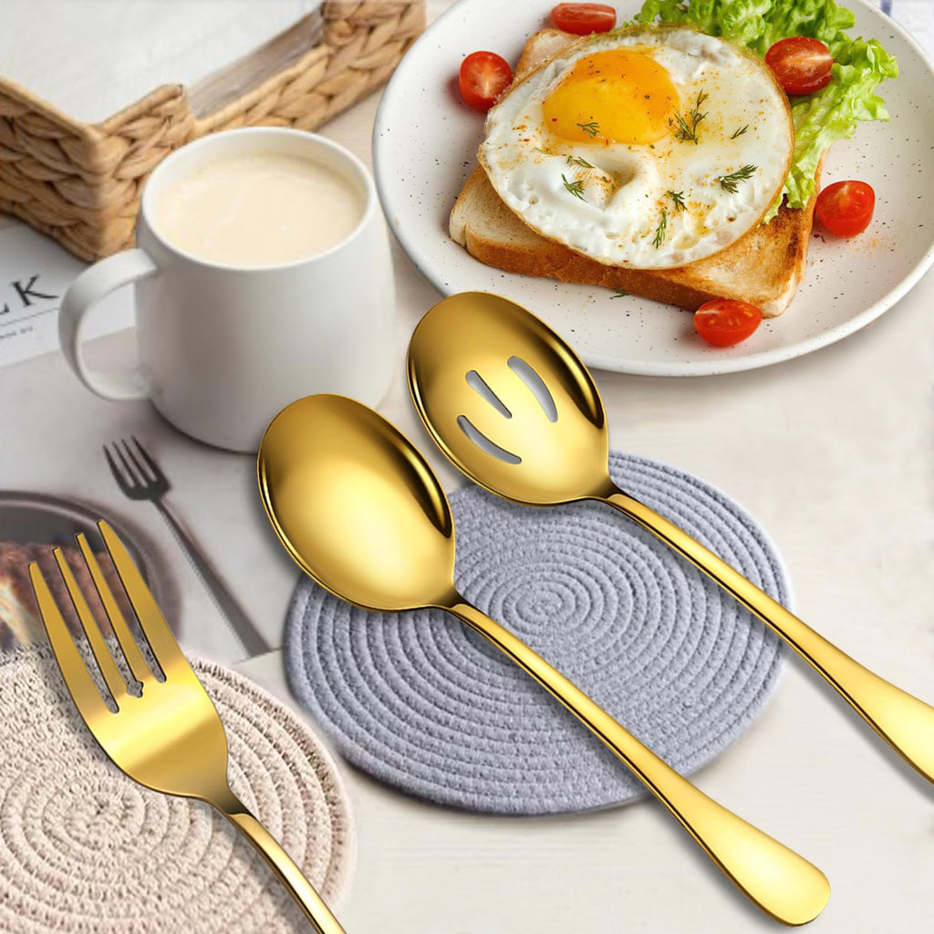 6 Piece Stainless Steel Serving Spoons Set, 10-Inch, Includes 2 Spoon/Slotted/Forks for Parties/Kitchen/Buffet/Catering, Dishwasher Safee