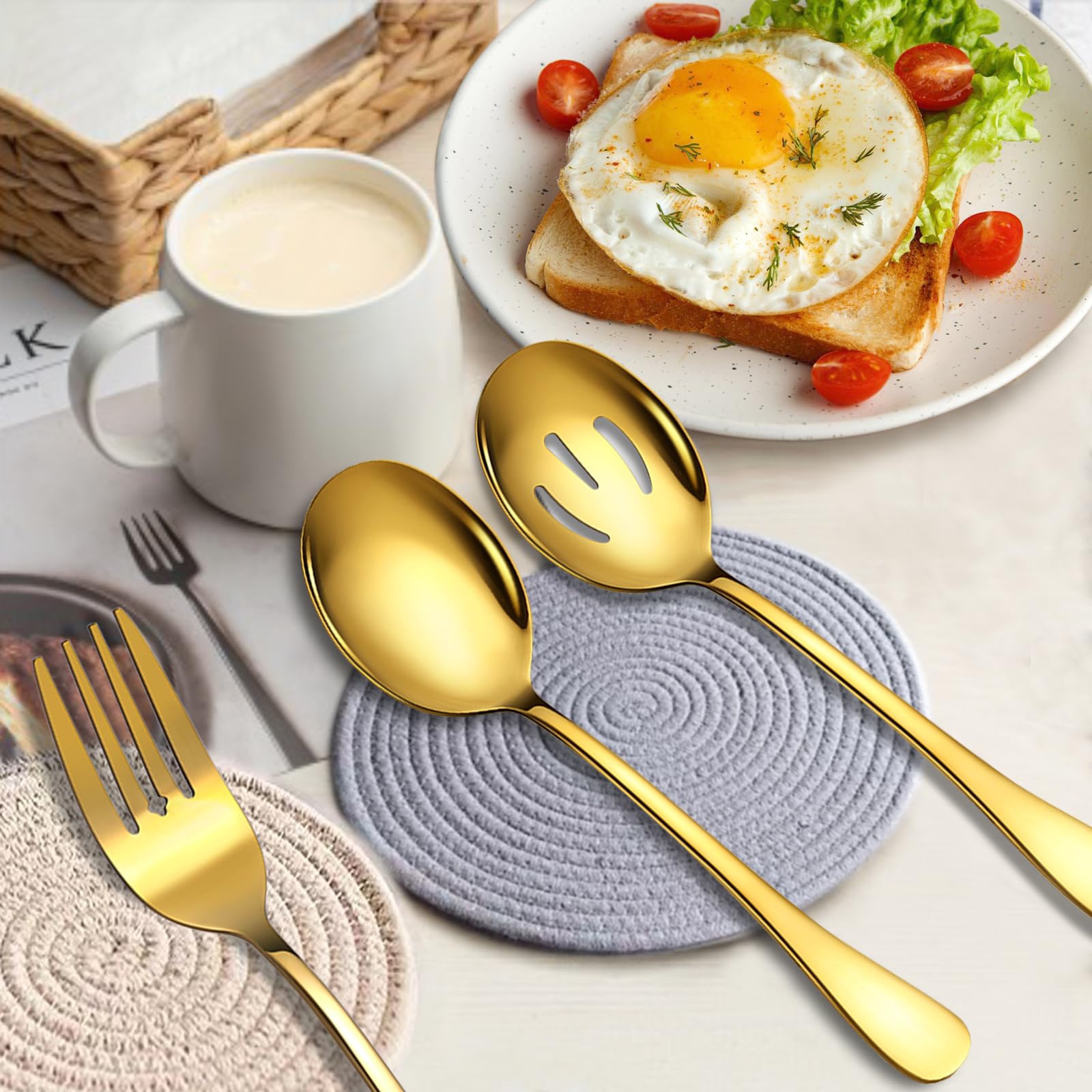 6 Piece Stainless Steel Serving Spoons Set, 10-Inch, Includes 2 Spoon/Slotted/Forks for Parties/Kitchen/Buffet/Catering, Dishwasher Safee