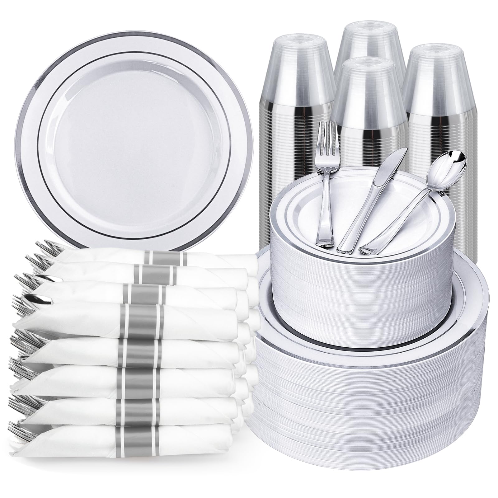 350PCS Gold Plastic Dinnerware Set, Disposable Party Plates for 50 Guests, Include: 100 Plastic Plates, 50 Pre Rolled Napkins with Gold Silverware, 50 Cups