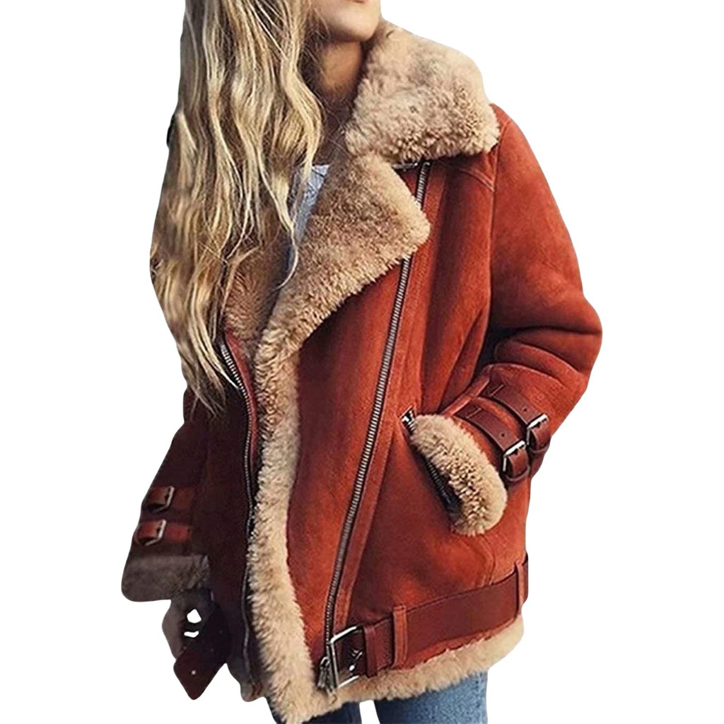 Women Sherpa Lined Coat Lapel Zip Up Winter Thicked Outwear Oversized Leather Faux Suede Fleece Shearling Jacket