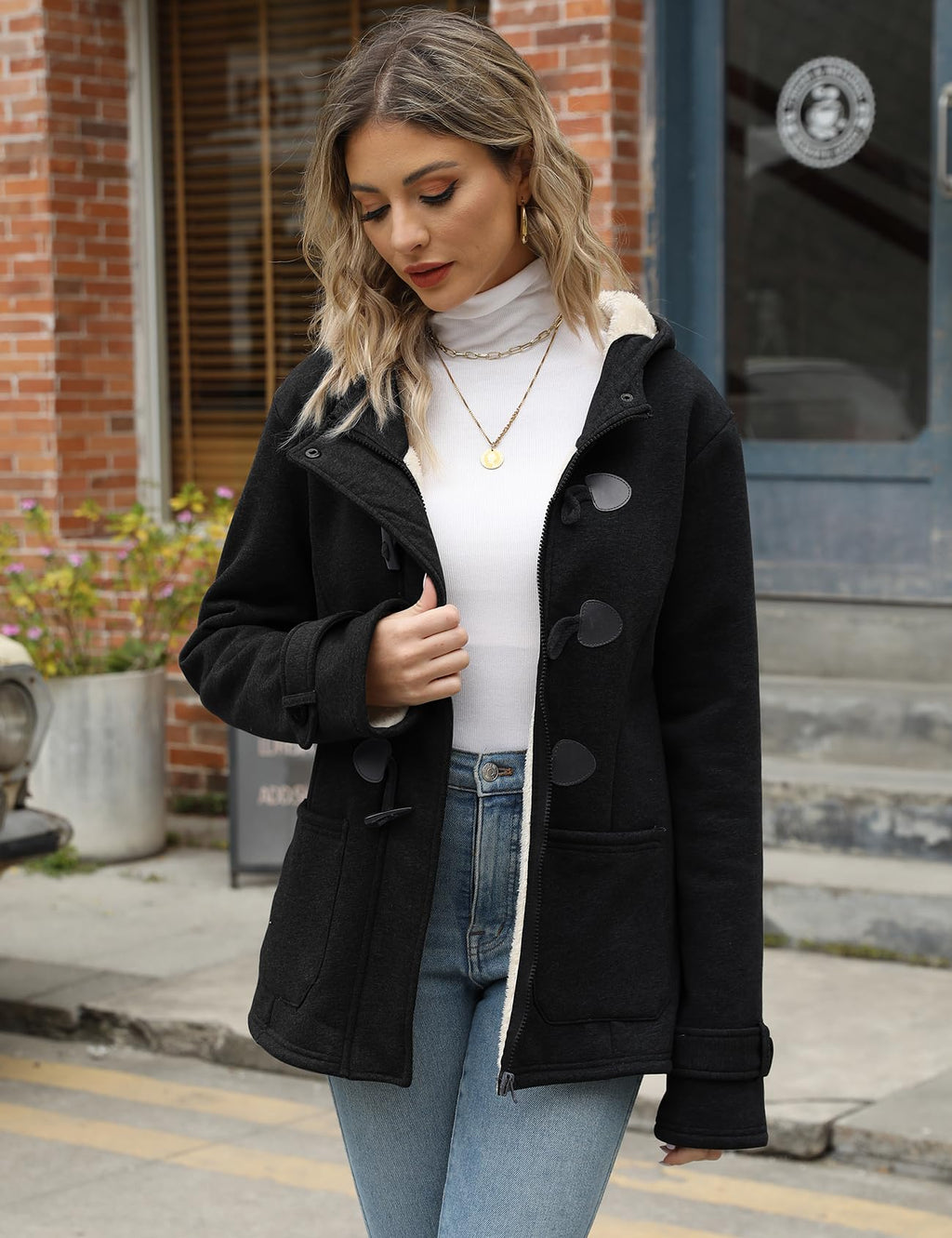 Gihuo Winter Jackets for Women Sherpa Lined Jacket Women Duffle Toggle Coat Hooded Fleece Jacket