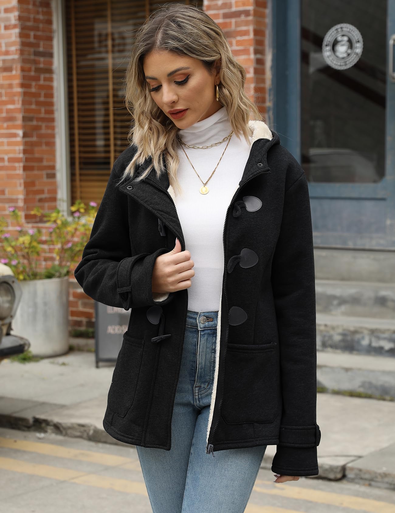 Gihuo Winter Jackets for Women Sherpa Lined Jacket Women Duffle Toggle Coat Hooded Fleece Jacket