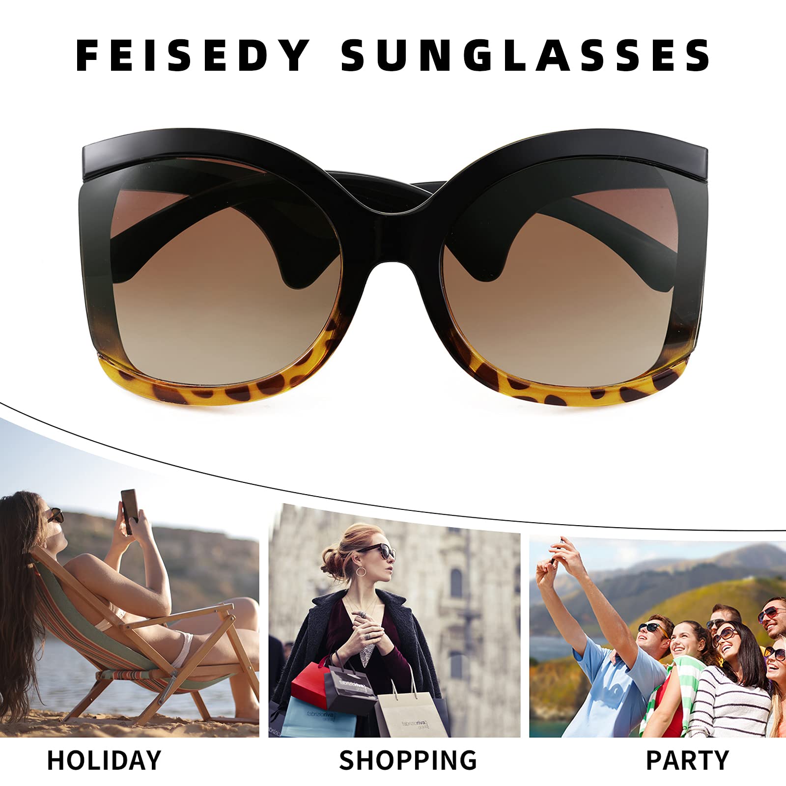 FEISEDY Oversized Square Butterfly Sunglasses Curved Curly Arm Frame Women's Fashion Shades B4035