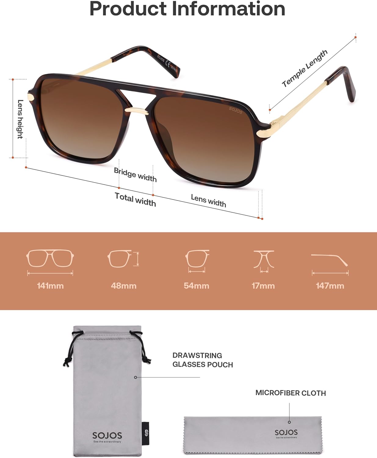 SOJOS Sunglasses for Women & Men, Square, Retro, Polarized Lens, Trendy Aviator, 90s Shades