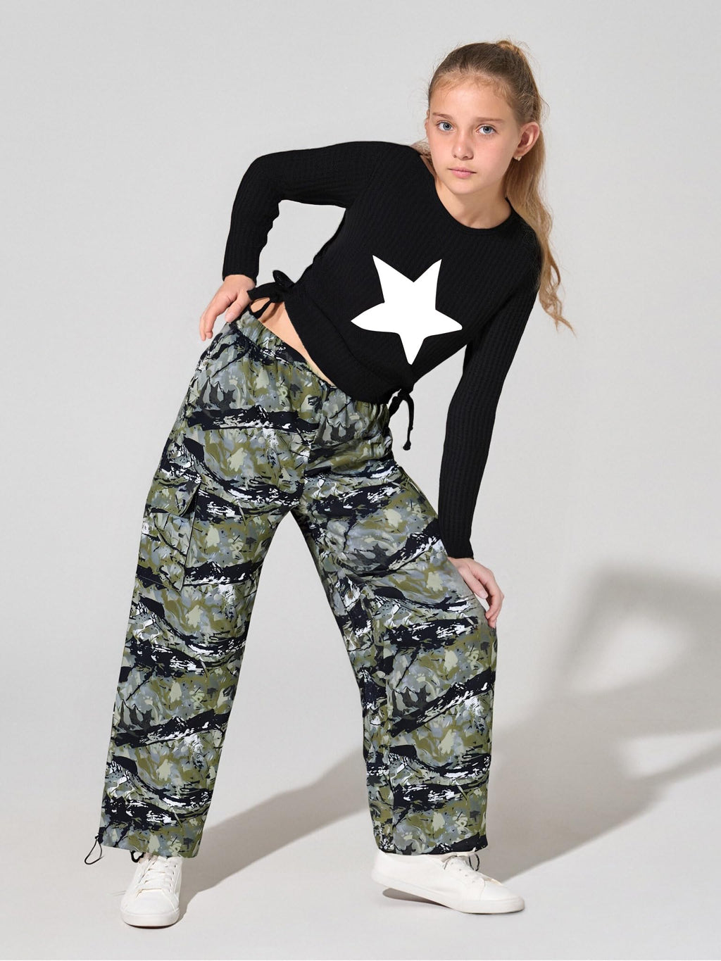 Girls Clothes Tween Girl Clothing Long Sleeve Ruched Drawstring Ribbed Knit Top Camo Cargo Pants Fall Winter Outfits