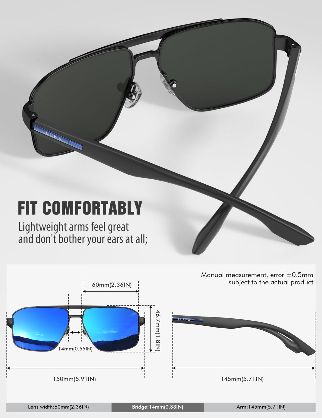 LUENX Aviator Sunglasses for Men Square Polarized Polygon Lens - UV 400 Protection