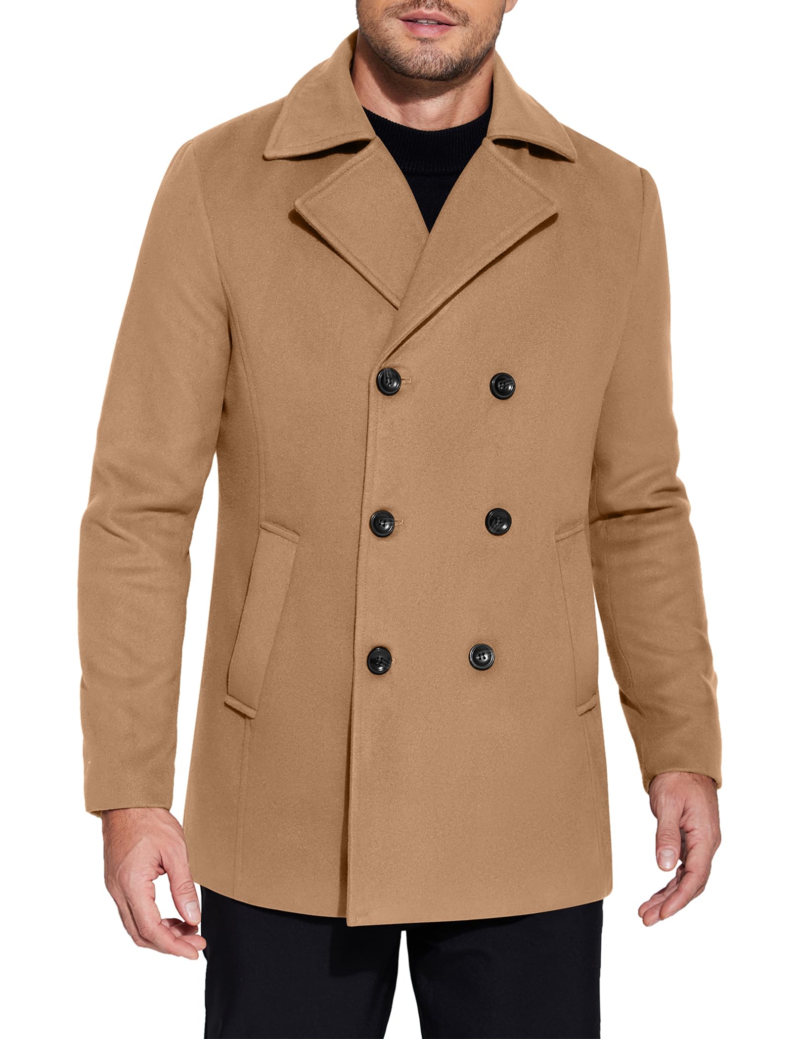COOFANDY Men's Double Breasted Pea Coat Winter Overcoat Short Trench Coat Notched Collar
