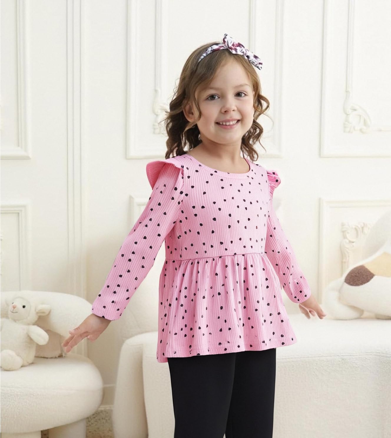 Toddler Girl Clothes Ruffle Long Sleeve Heart Print Tops and Pants 2PC Little Girl Winter Outfits Size (4-7T)