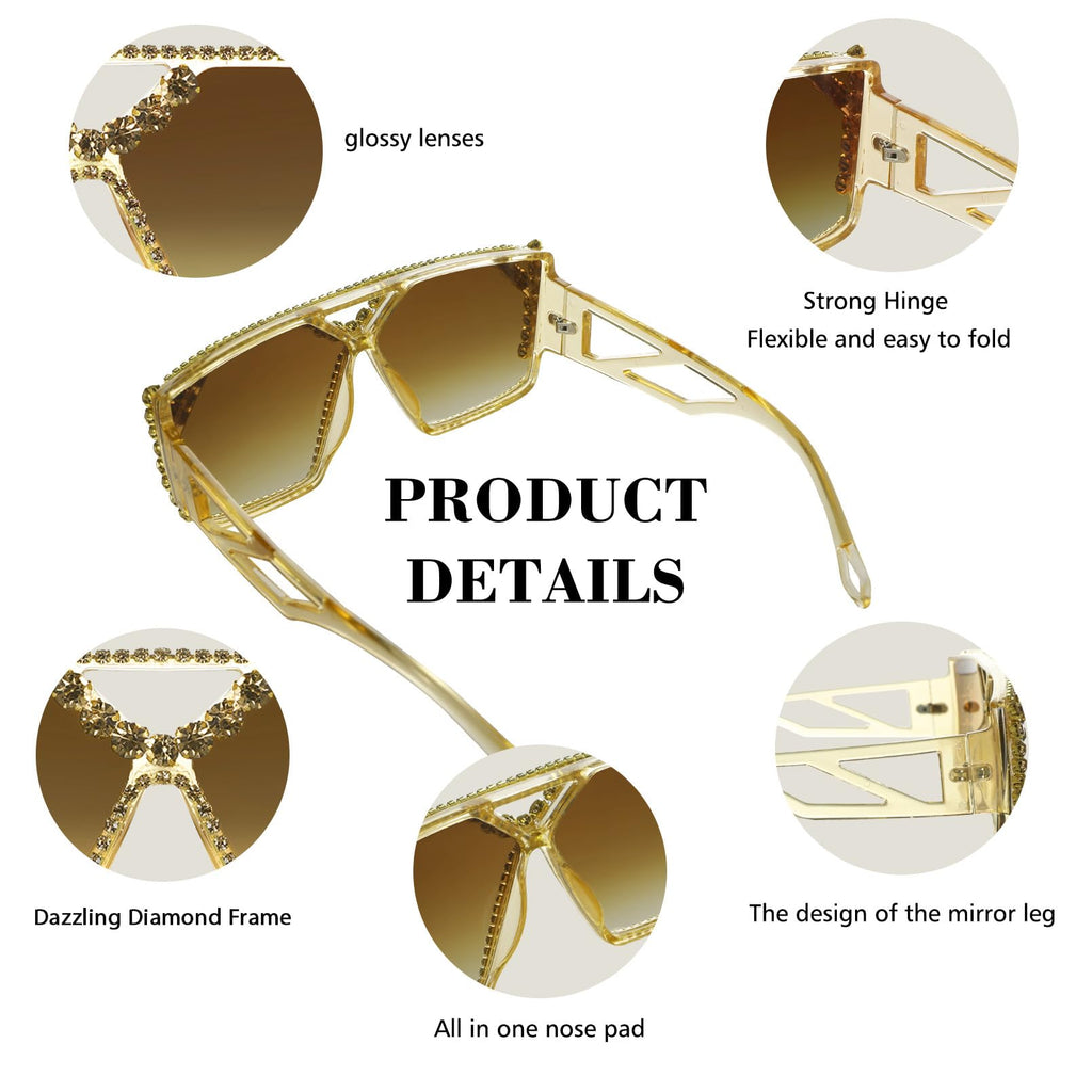 YOGFIT Oversized Square Diamond Sunglasses for Women Fashion Sparkling Crystal Retro Disco Sunglasses