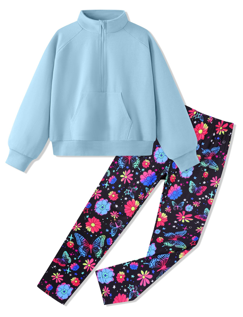 Girls Clothes Half Zip Sweatshirt Top and Full Print Tight Pants 2 Piece Outfit for Kids 6-14