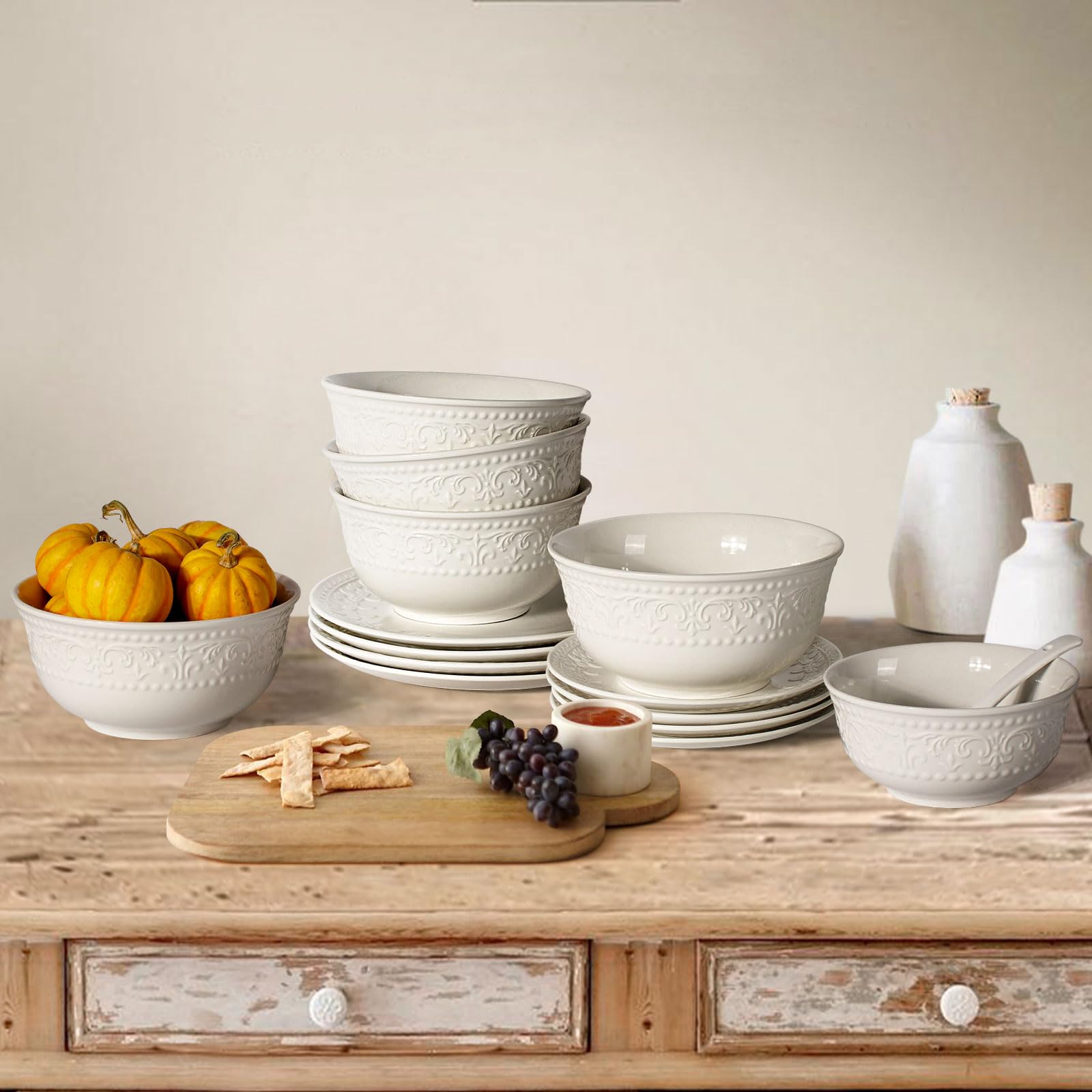 Large Salad Bowls Set of 4, 60oz White Serving Bowls Deep Deep Embossed Ceramic Mixing Bowl for Soup Kitchen, Eating, Ramen, Pasta, Dishwasher & Microwave Safe 8 inch (Multiple Patterns)