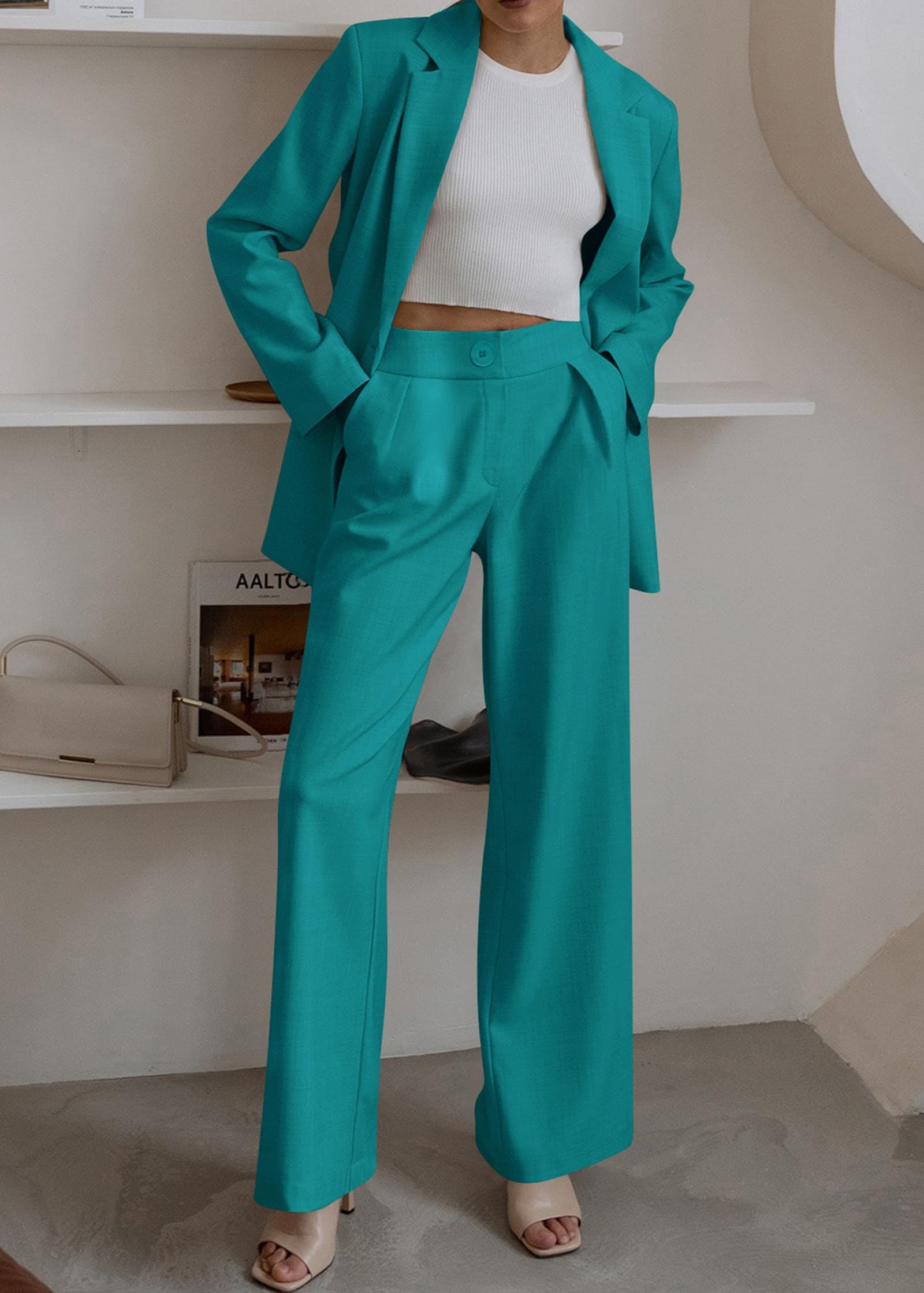 KIRUNDO Women Suits 2 Piece Set Business Casual Dressy Oversized Blazer Jacket and Wide Leg Dress Pantsuits Formal Outfits