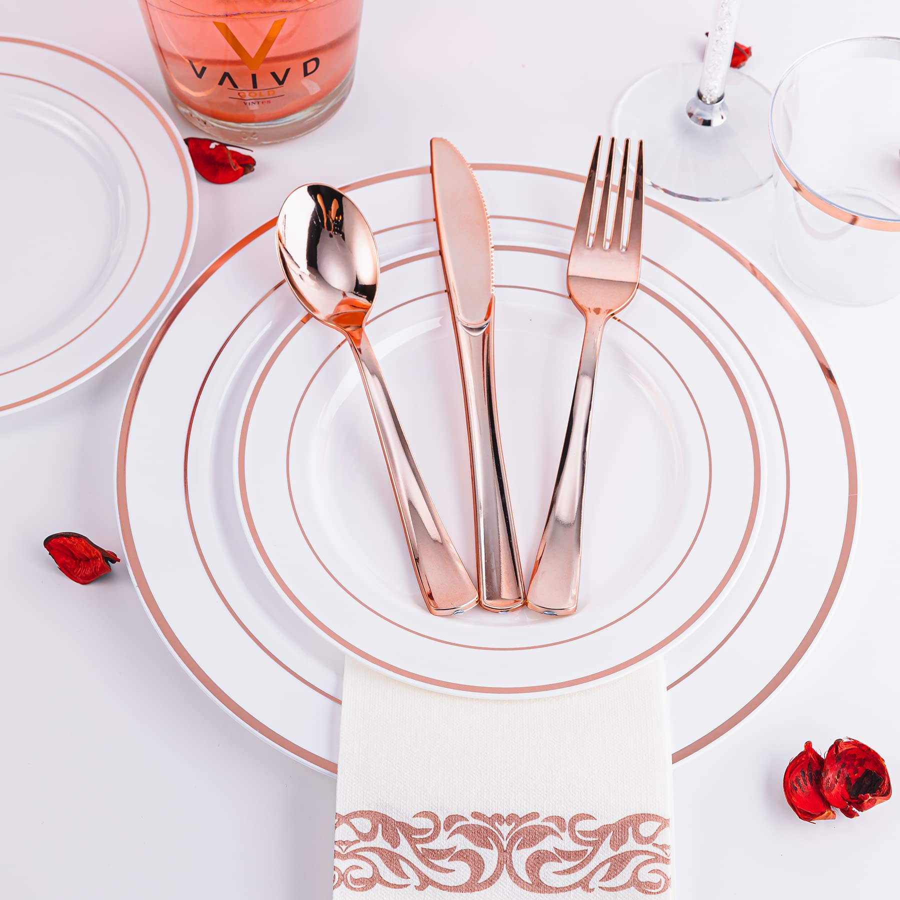 N9R 300PCS Gold Plastic Silverware, Heavy Duty Gold Plastic Cutlery Set Disposable Flatware Dinnerware, 100 Forks, 100 Spoons, 100 Knives, Perfect for Party, Wedding and Daily Use