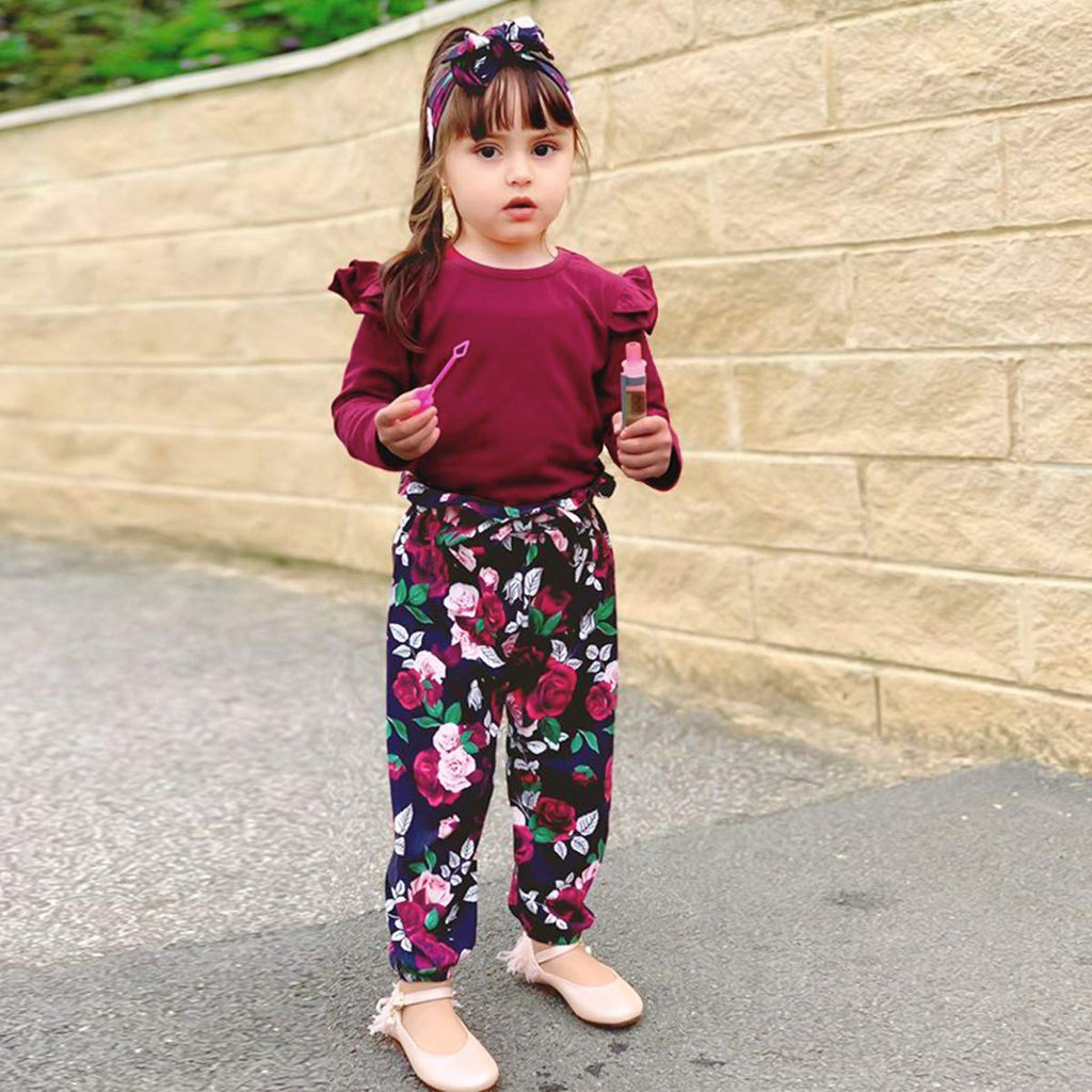 YALLET 3Pcs Toddler Girl Clothes Solid Color Long Sleeves Ruffle Top+Floral Pants+Headband 1-6 Years Fall/Winter Outfits Set