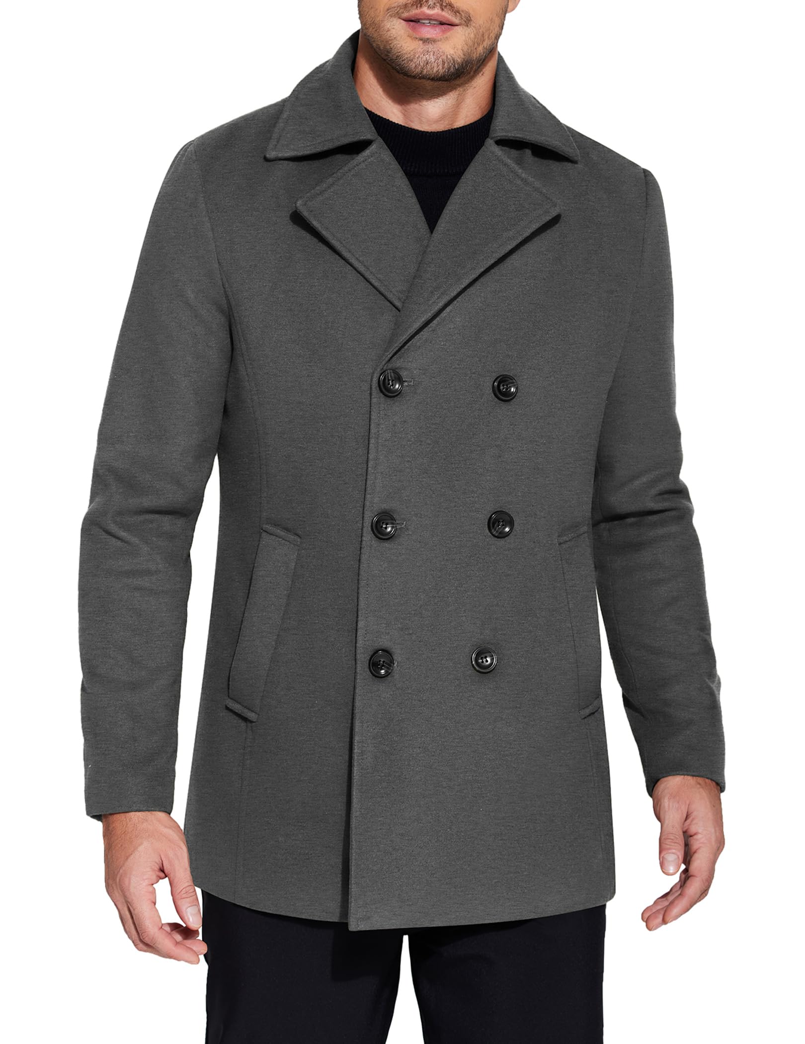 COOFANDY Men's Double Breasted Pea Coat Winter Overcoat Short Trench Coat Notched Collar